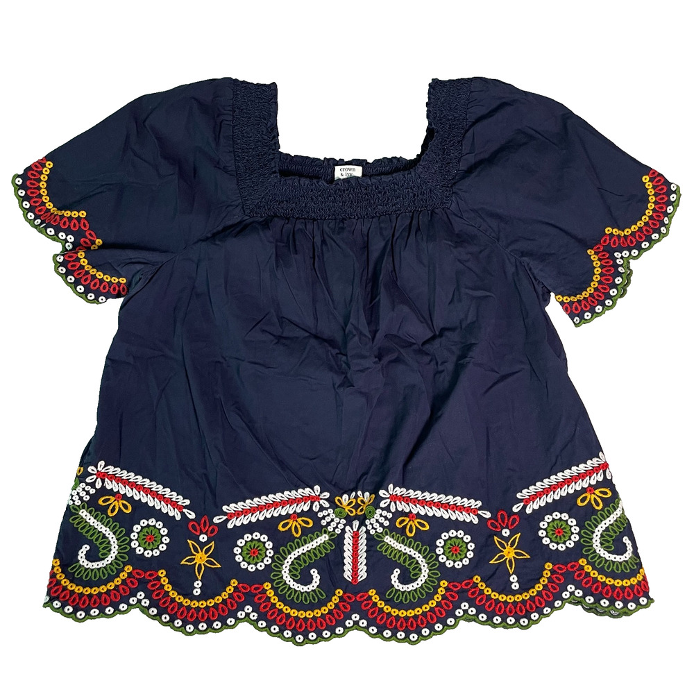 Crown & Ivy Embroidered Blouse Womens Large Navy Boho Peasant Artsy Smocked
